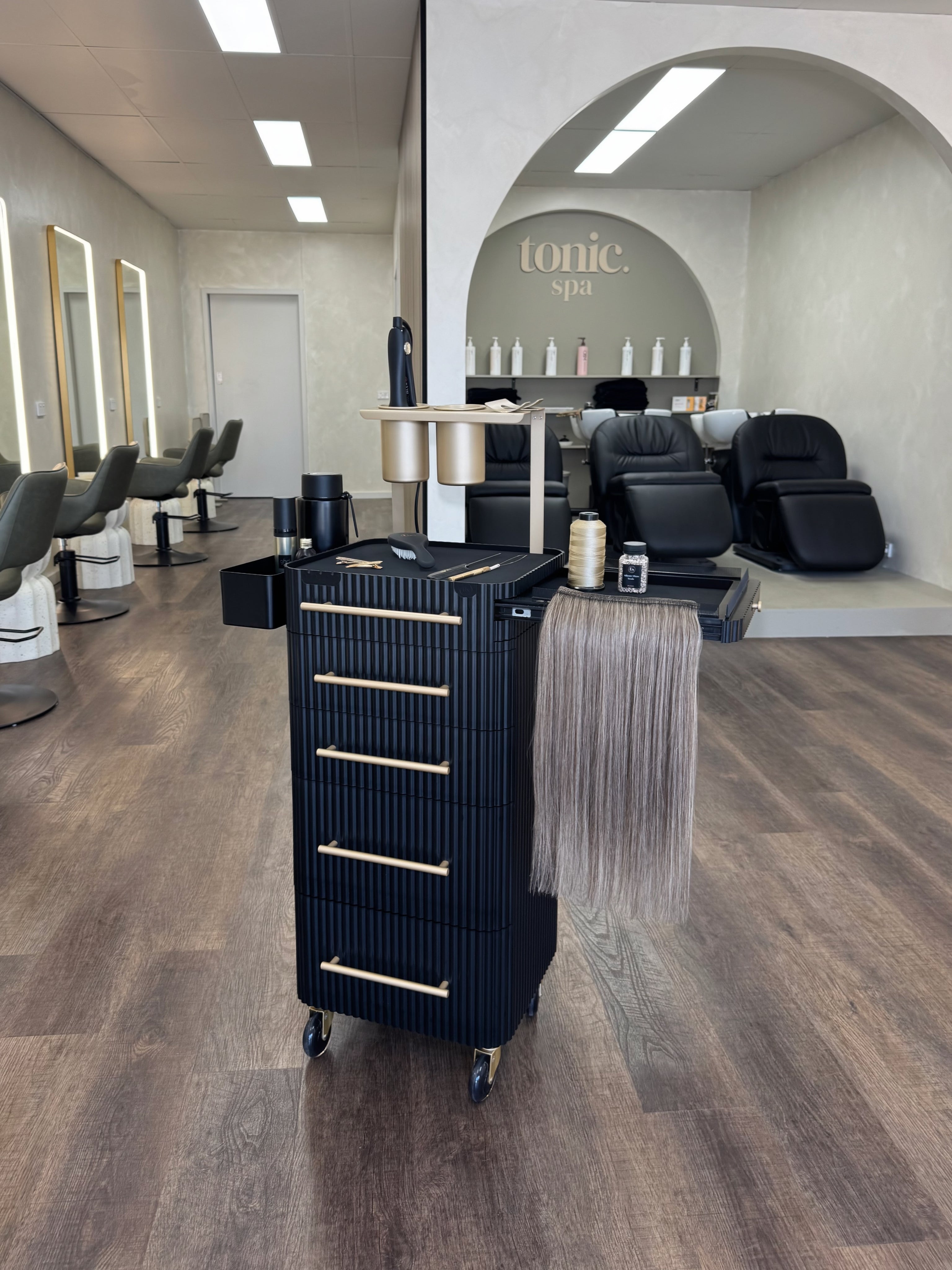 Onyx & Champagne Gold - Pro Stylist Trolley Salon Tools In Salon Weave & Shelf
