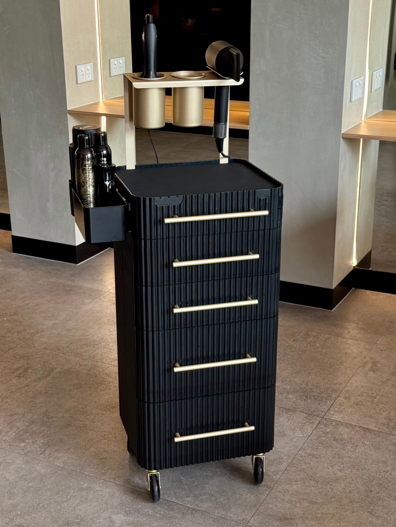 Onyx & Champagne Gold - Pro Stylist Trolley Salon Tools In Salon Placement